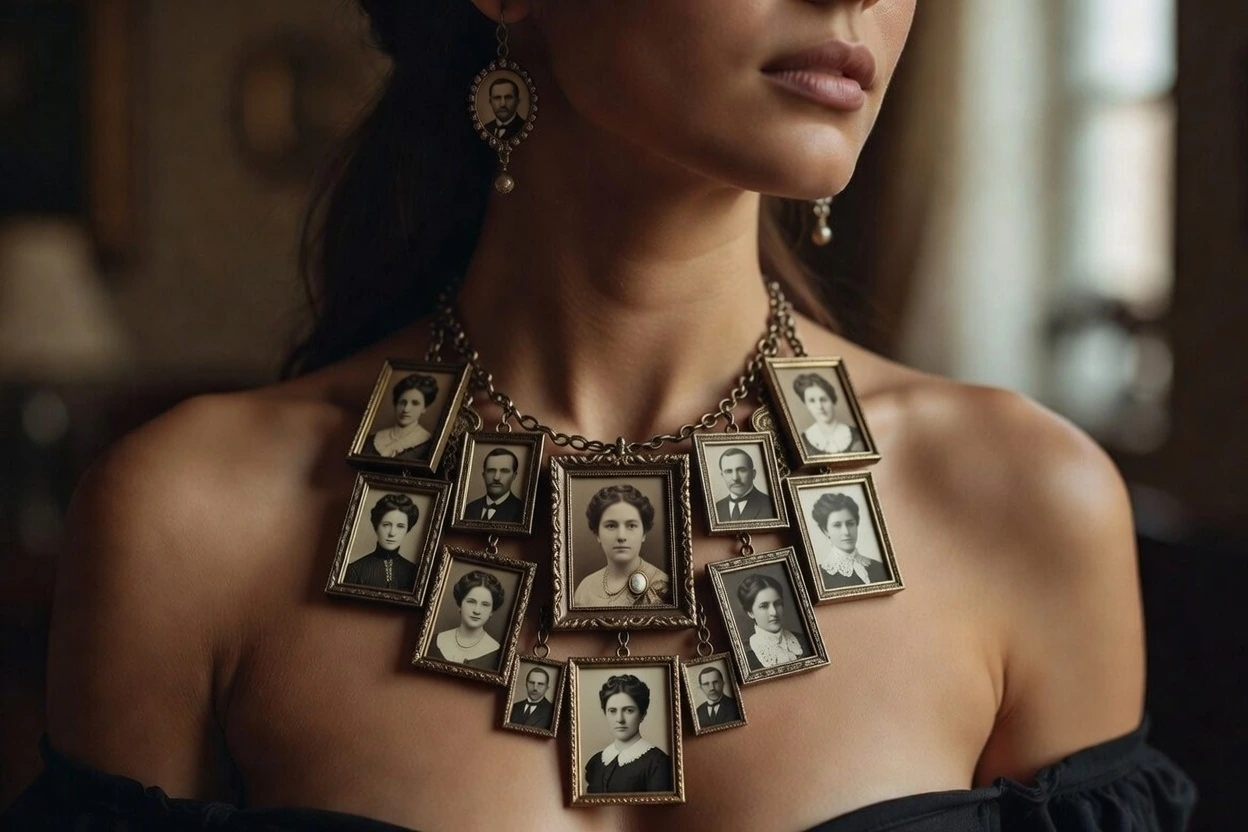Mujer con un collar lleno de fotos familiares