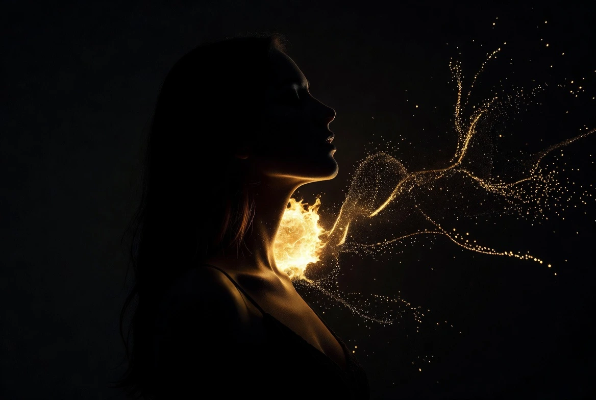 Mujer con una esfera dorada en la garganta