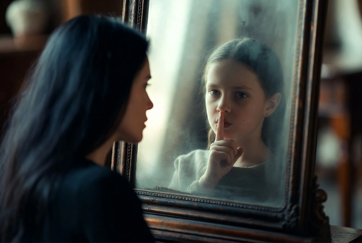 Mujer mirándose al espejo y viendo a su niña interior